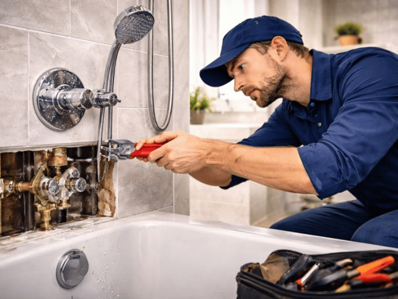 plumber installing and repairing bathtub and shower plumbing system