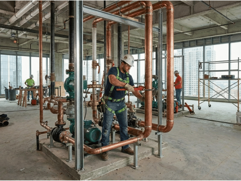 commercial plumber working on plumbing system inside a commercial building