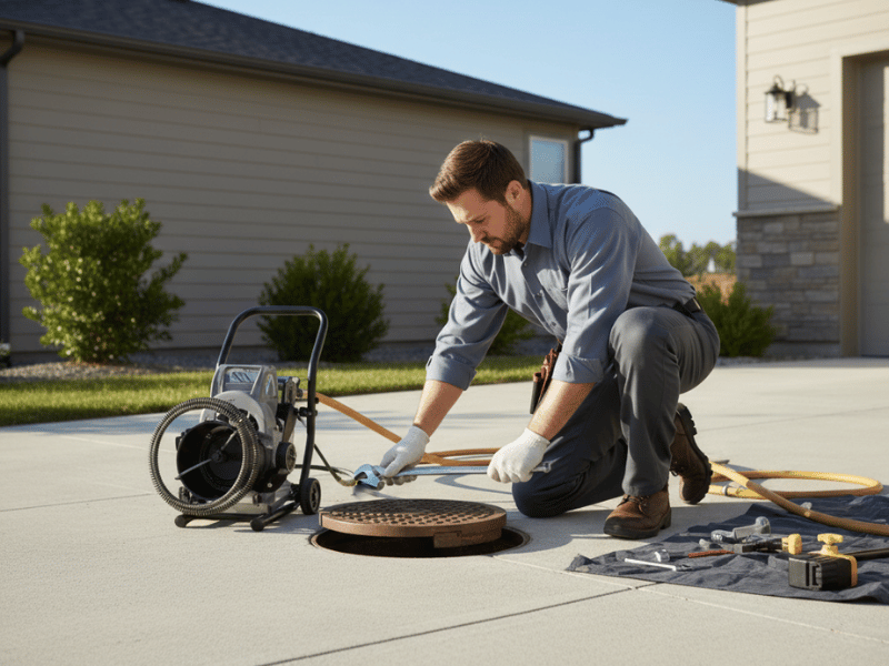 plumber performing drain cleaning and sewer clean out service