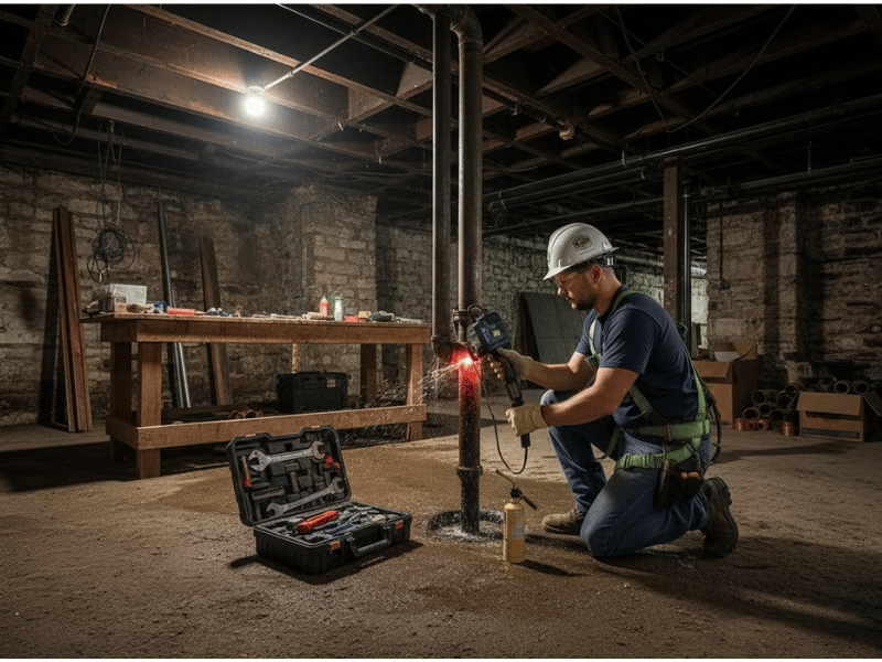 plumber detecting and repairing a leaking pipe using professional tools