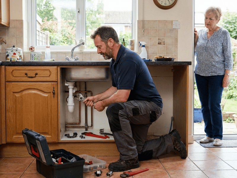 residential plumber fixing household plumbing system inside a home