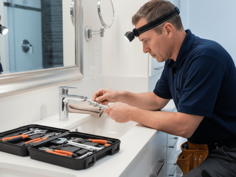 plumber repairing bathroom sink faucet with professional tools