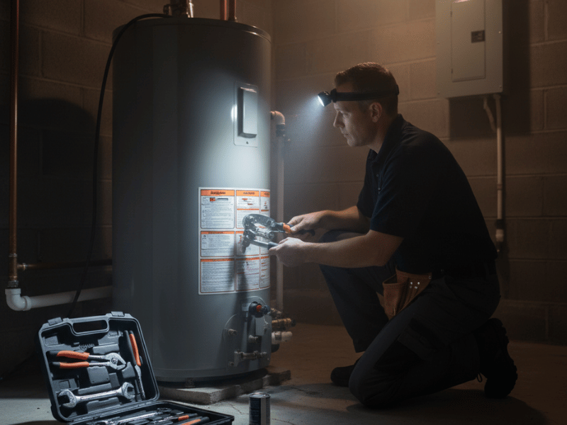 plumber repairing residential water heater unit in utility area