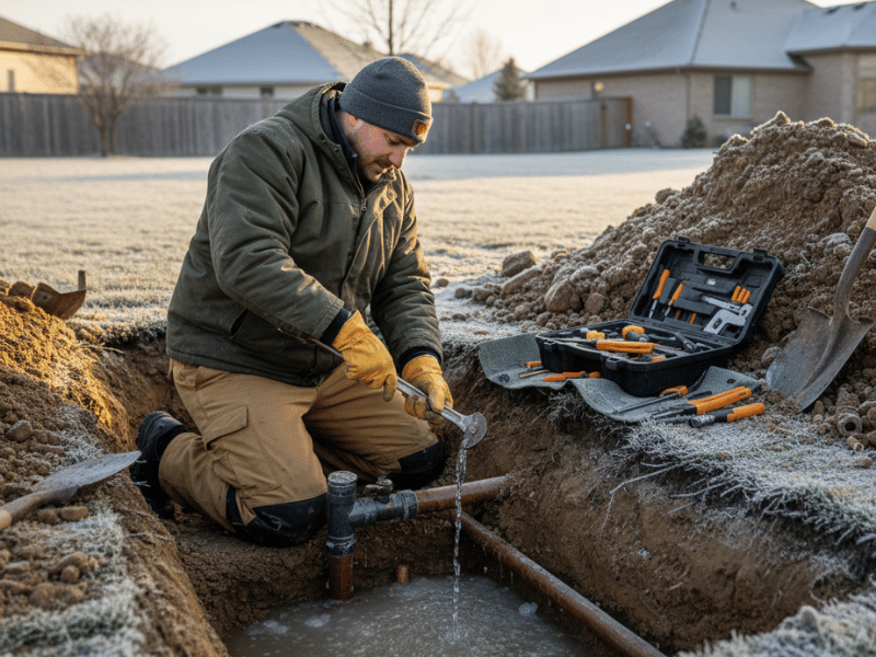 plumber repairing underground water line connection outside a property