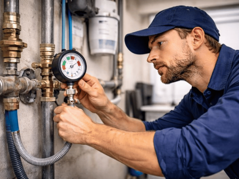 Plumber checking water pressure gauge