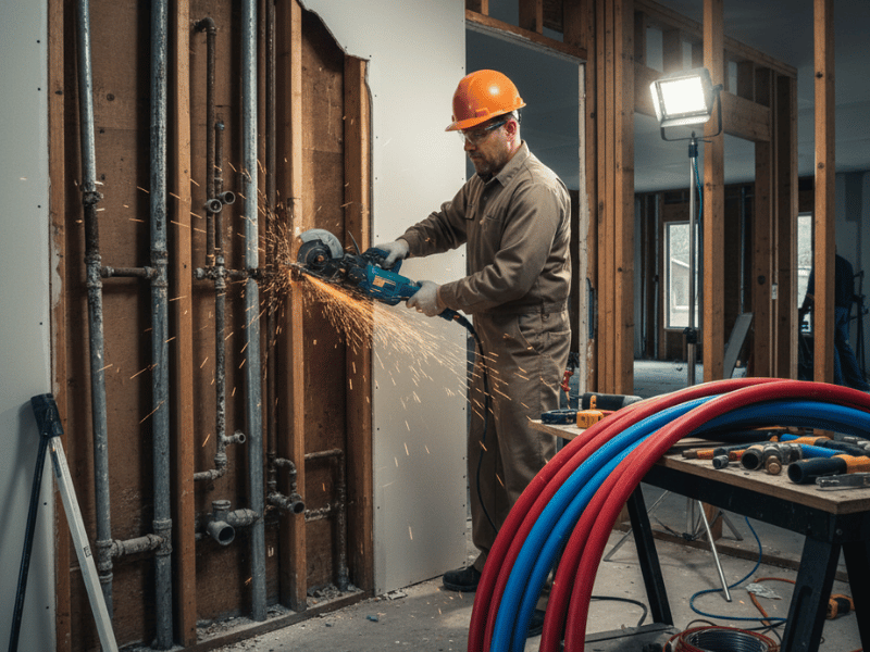 plumber replacing old plumbing pipes during repiping project