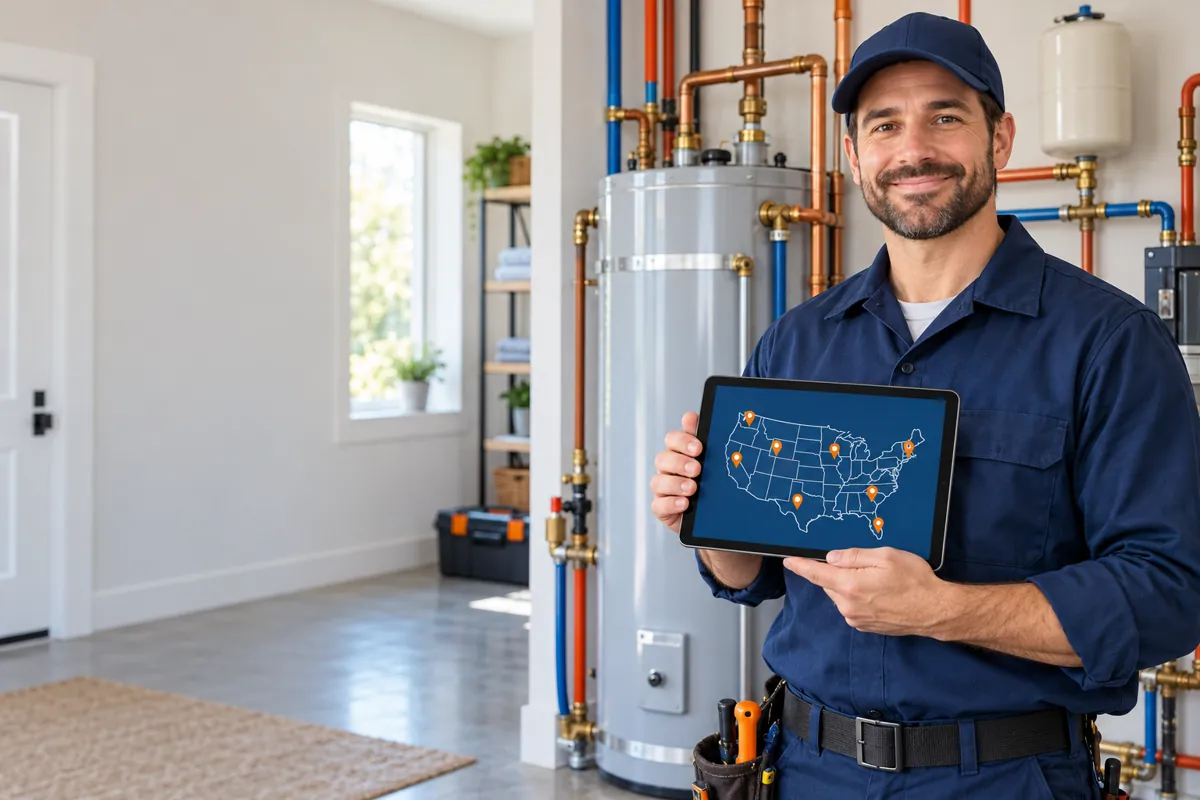 Nationwide plumbing services coverage map with a plumber displaying a USA service map