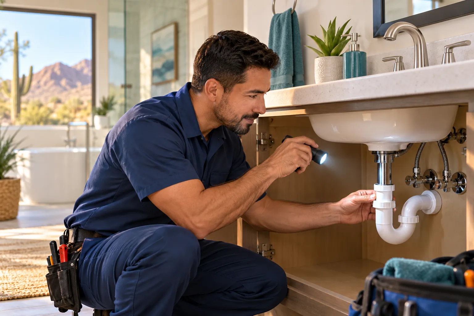 Plumber in Phoenix, AZ 85041 inspecting bathroom sink plumbing