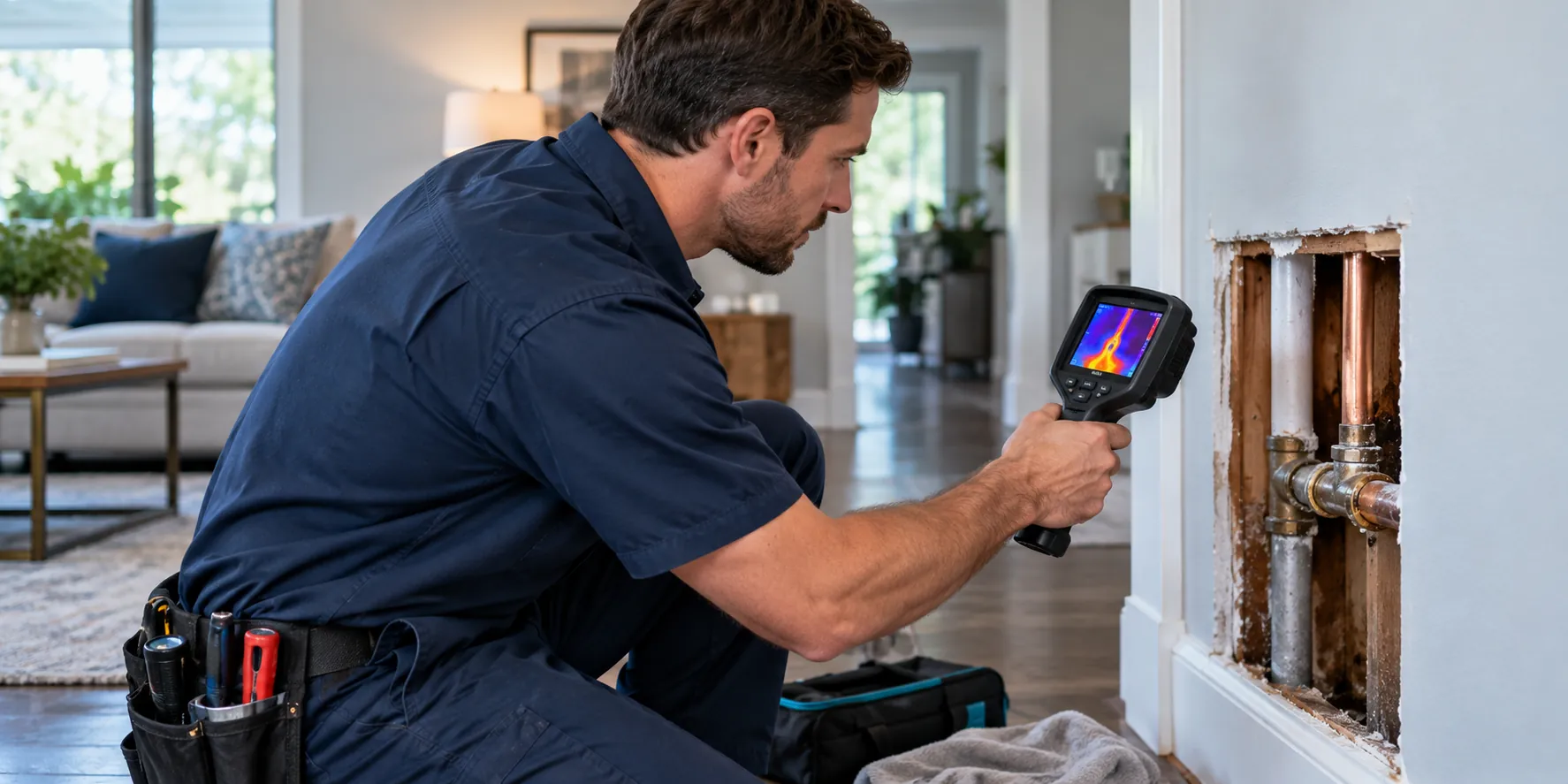 Pipe leak detection and repair professional locating a hidden water pipe leak