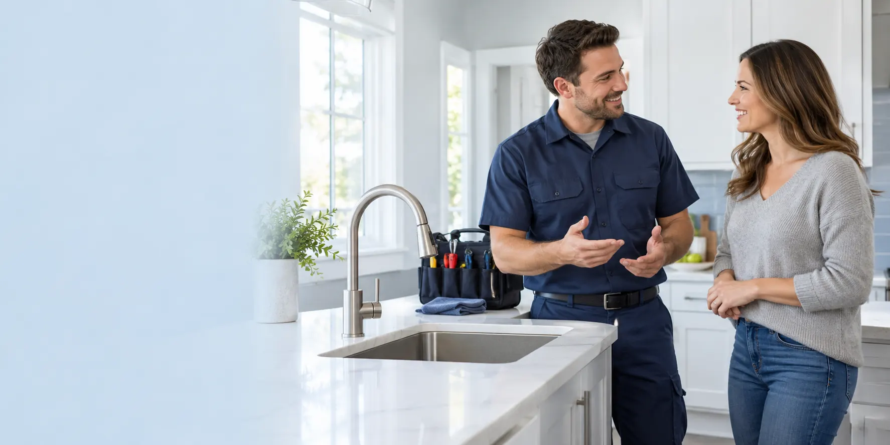 Quick Fix Plumbers 24/7 reviews hero photo of a plumber talking with a homeowner