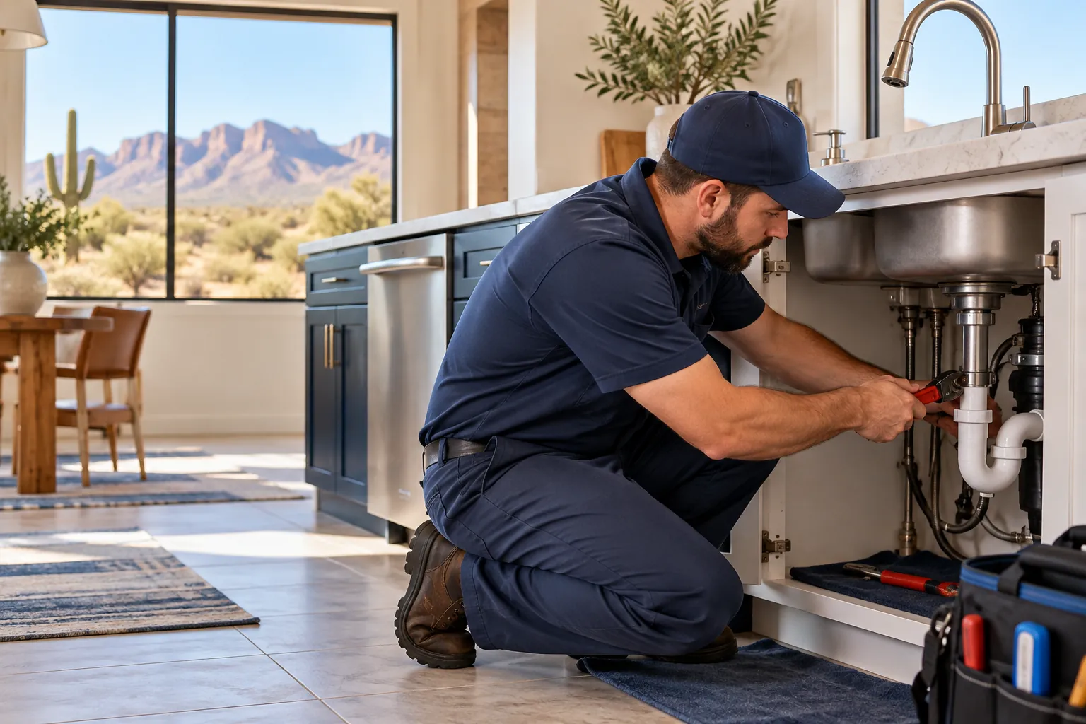 Residential plumbing services Phoenix AZ with a professional repairing a kitchen sink pipe
