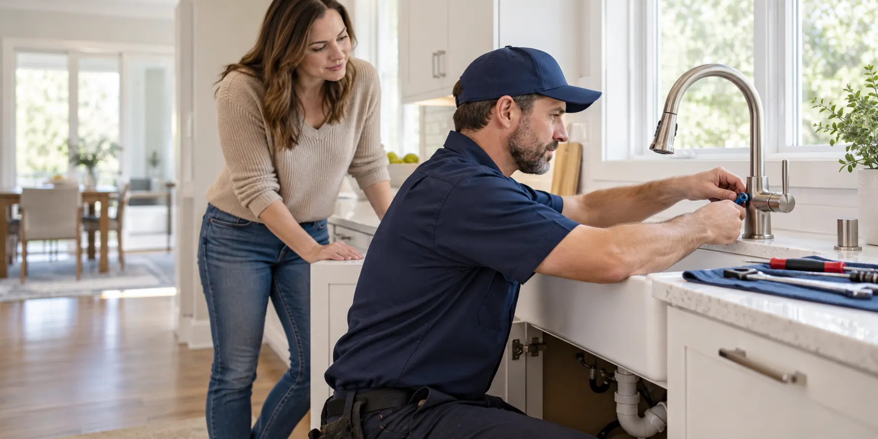 Sink and faucet repair by a professional plumber working on a kitchen faucet