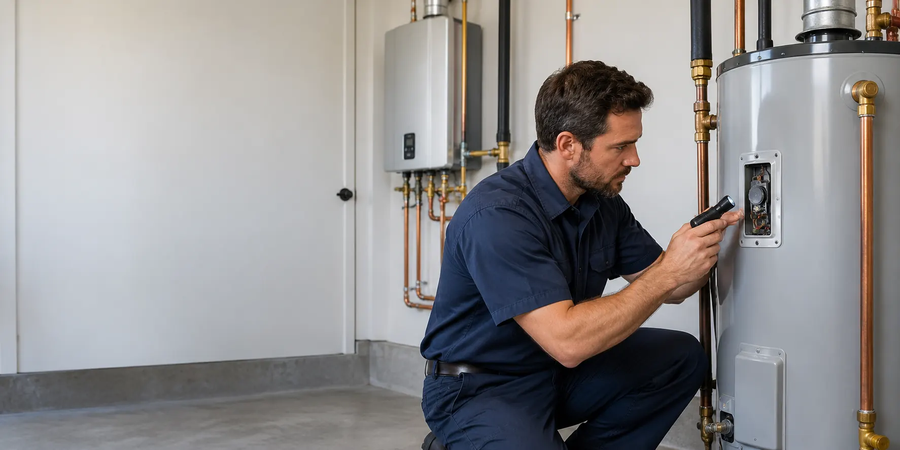 Water heater repair inspection by a professional plumber examining a tank unit